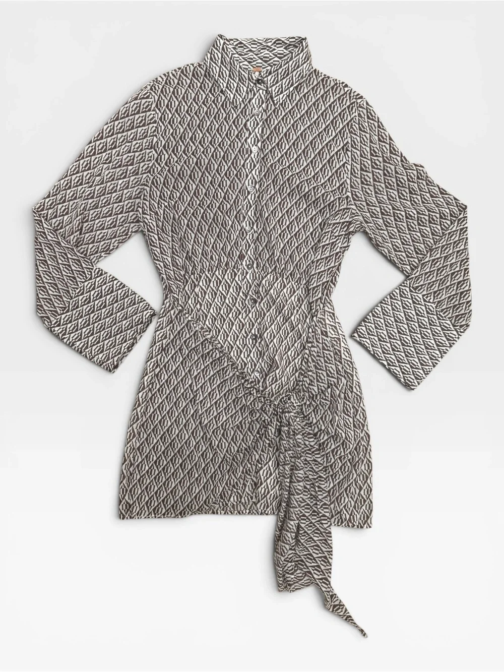 Free People Rillo Mini Tie-Waist Shirtdress Brown & Cream Geometric Print Size S